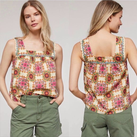 Anthropologie Let Me Be Vibrant Geo Abstract Floral Ric Rac Sleeveless Top 2 S - Picture 2 of 10